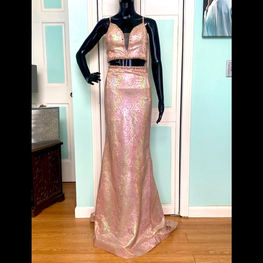 Size 6 Iridescent Blush Holographic 2 piece Prom dress NWT Clarisse 8172